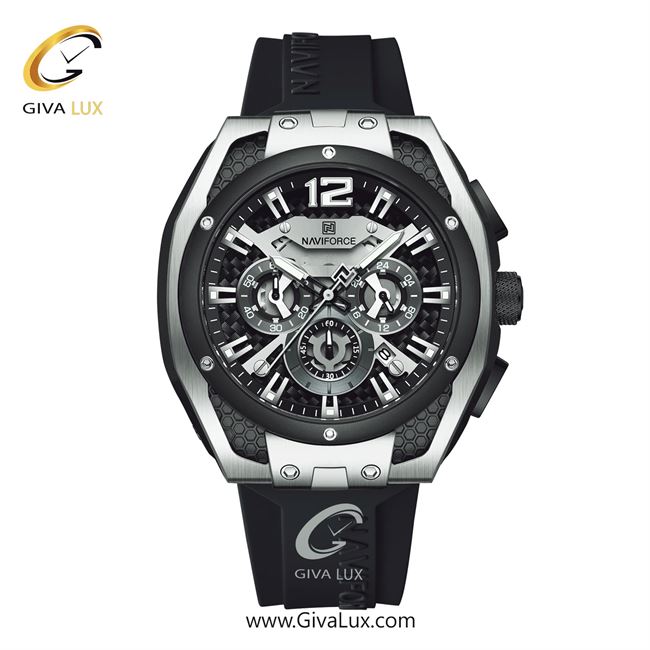 ساعت مچی اورجینال مردانه-اسپرت ناوی فورس|Naviforce|نوی فورس|نیوی فورس سه موتوره کرنوگراف نقره ای | مشکی| مشکی| کد رفرنس NF8063 S/W/B