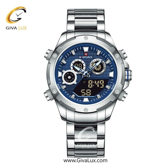 ساعت مچی اورجینال مردانه ناوی فورس|Naviforce|نوی فورس|نیوی فورس دو زمانه نقره ای | نقره ای| آبی| کد رفرنس NF9217