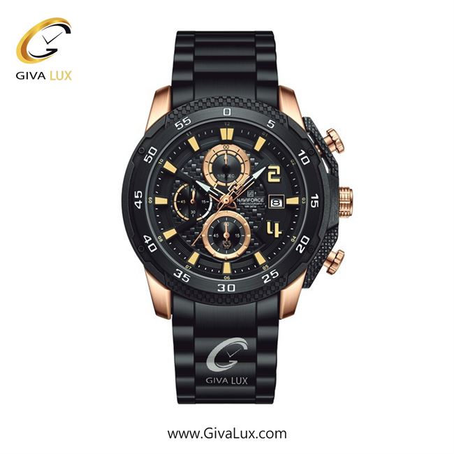ساعت مچی اورجینال مردانه ناوی فورس|Naviforce|نوی فورس|نیوی فورس سه موتوره کرنوگراف مشکی-رزگلد | مشکی| رزگلد| کد رفرنس NF8047 RG/B/B