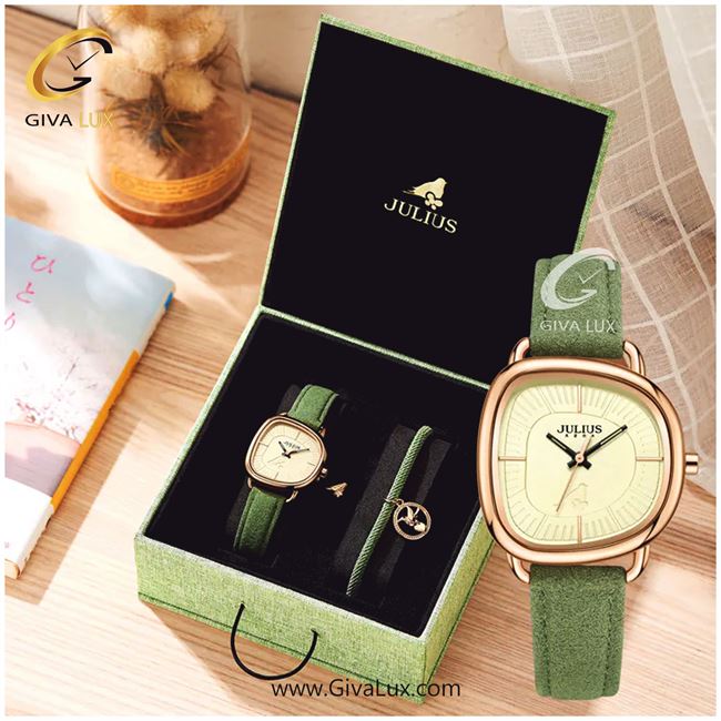 پک هدیه ساعت و دستبند اورجینال زنانه جولیوس رزگلد | سبز| کرم| کد رفرنس JA-1436A