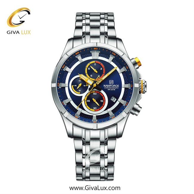 ساعت مچی اورجینال مردانه ناوی فورس|Naviforce|نوی فورس|نیوی فورس سه موتوره کرنوگراف نقره ای | نقره ای| سرمه ای-نقره ای| کد رفرنس NF8046
