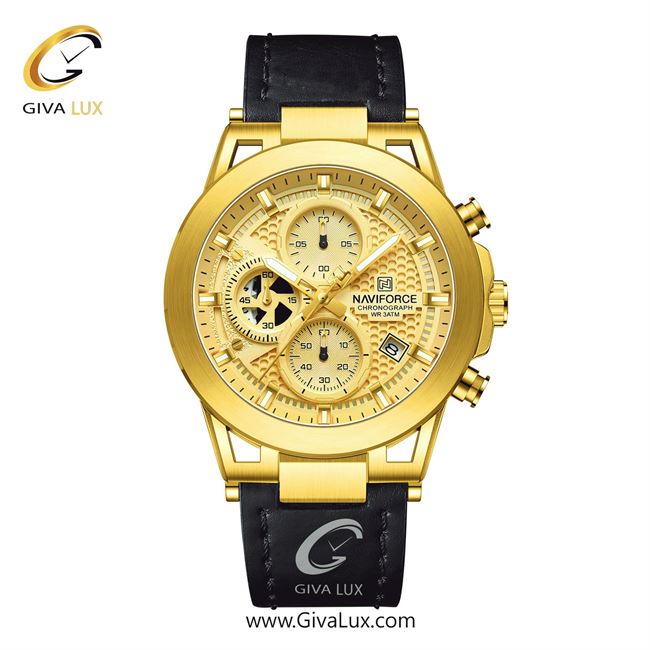 ساعت مچی اورجینال مردانه ناوی فورس|Naviforce|نوی فورس|نیوی فورس سه موتوره کرنوگراف طلایی | مشکی| طلایی| کد رفرنس NF8073 G/G/G