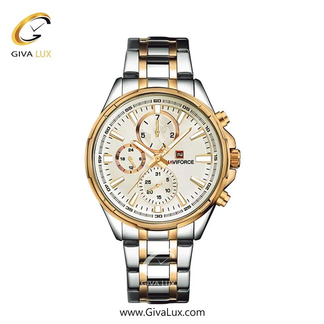 ساعت مچی اورجینال مردانه ناوی فورس|Naviforce|نوی فورس|نیوی فورس سه موتوره فول تایم طلایی-نقره ای | نقره ای| سفید صدفی| کد رفرنس NF9089