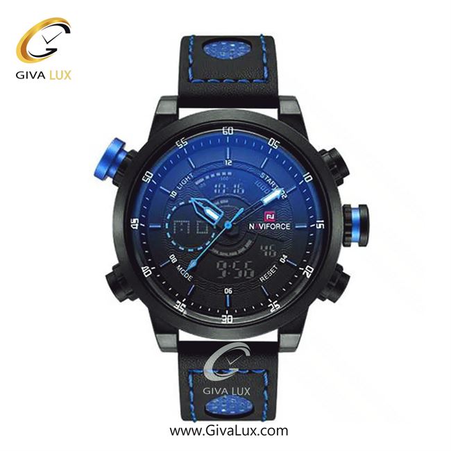 ساعت مچی مردانه دو زمانه بند چرمی ناوی فورس (نیوی فورس) مشکی-آبیNF9081