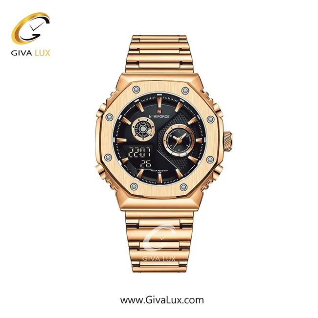 ساعت مچی اورجینال مردانه ناوی فورس|Naviforce|نوی فورس|نیوی فورس دو زمانه رزگلد | رزگلد| مشکی| کد رفرنس NF9216