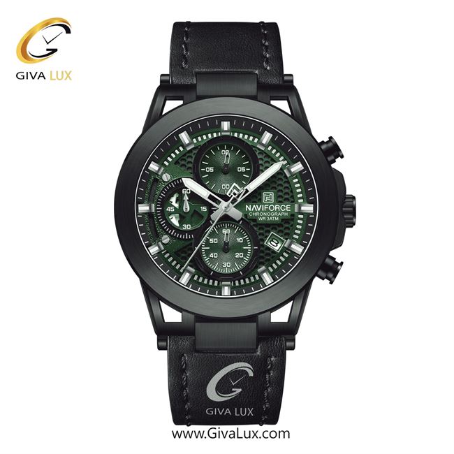 ساعت مچی اورجینال مردانه ناوی فورس|Naviforce|نوی فورس|نیوی فورس سه موتوره کرنوگراف مشکی | مشکی| سبز یشمی تیره| کد رفرنس NF8073 B/GN/B