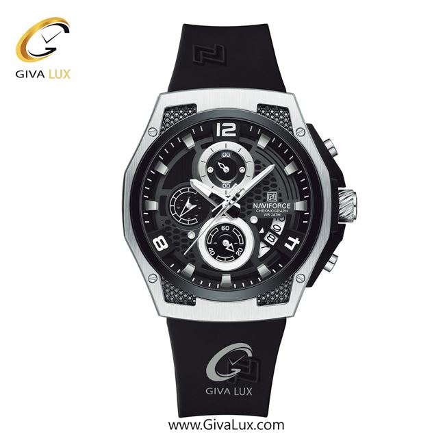 ساعت مچی اورجینال مردانه ناوی فورس|Naviforce|نوی فورس|نیوی فورس سه موتوره کرنوگراف نقره ای | مشکی| مشکی| کد رفرنس NF8051-S/B/B