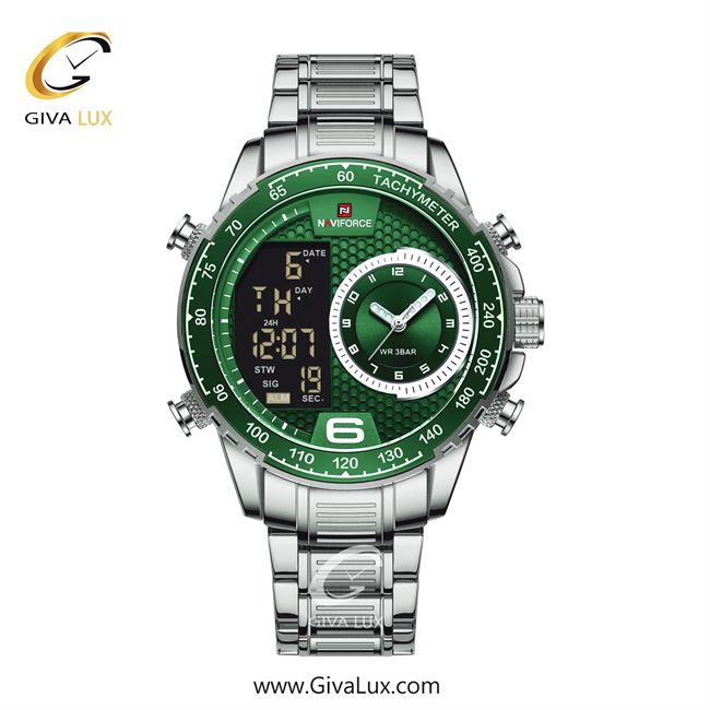 ساعت مچی اورجینال مردانه ناوی فورس|Naviforce|نوی فورس|نیوی فورس دو زمانه نقره ای-سبز | نقره ای| سبز| کد رفرنس NF9199