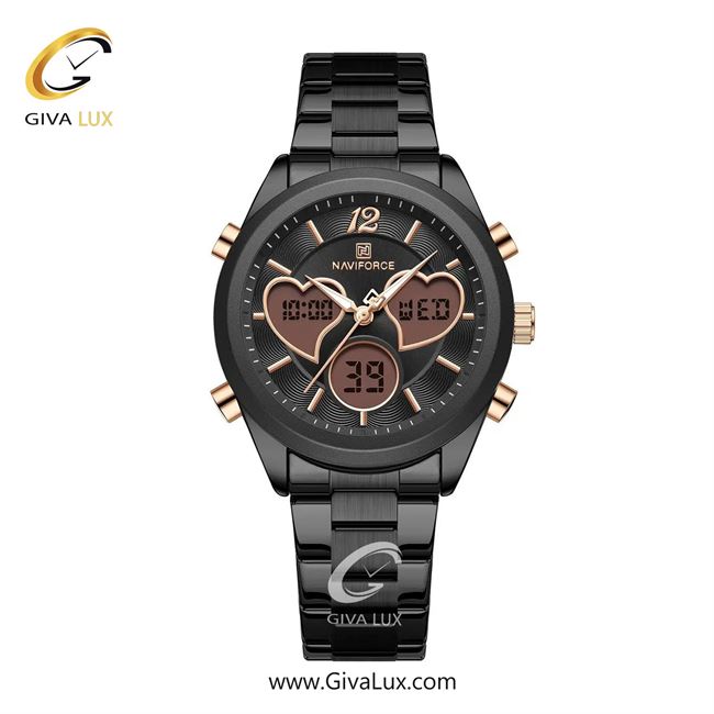 ساعت مچی اورجینال زنانه ناوی فورس|Naviforce|نوی فورس|نیوی فورس دو زمانه مشکی | مشکی| مشکی| کد رفرنس NF5045S B/B/B
