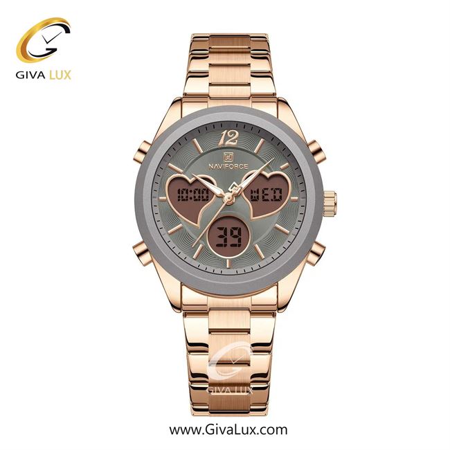 ساعت مچی اورجینال زنانه ناوی فورس|Naviforce|نوی فورس|نیوی فورس دو زمانه طوسی | رزگلد| طوسی| کد رفرنس NF5045S RG/B.GY/RG
