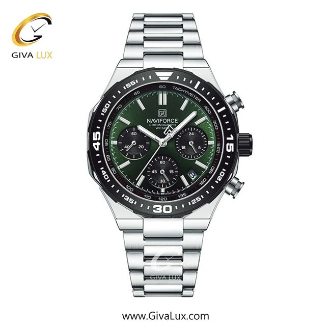 ساعت مچی اورجینال مردانه ناوی فورس|Naviforce|نوی فورس|نیوی فورس سه موتوره کرنوگراف نقره ای | نقره ای| مشکی-سبز| کد رفرنس NF8049 S/GN/S