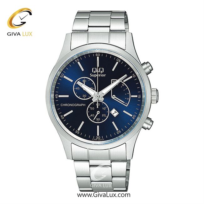 ساعت مچی اورجینال کیو اند کیو مردانه سه موتوره کرنوگراف نقره ای | نقره ای | آبی کاربنی | کد رفرنس C24A002VY