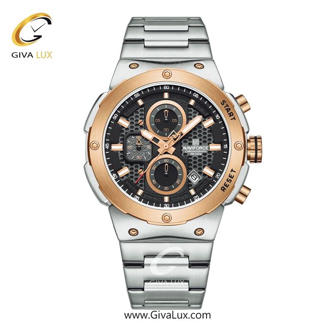 ساعت مچی اورجینال مردانه ناوی فورس|Naviforce|نوی فورس|نیوی فورس سه موتوره کرنوگراف نقره ای-رزگلد | نقره ای| مشکی| کد رفرنس NF8072 S/RG/S