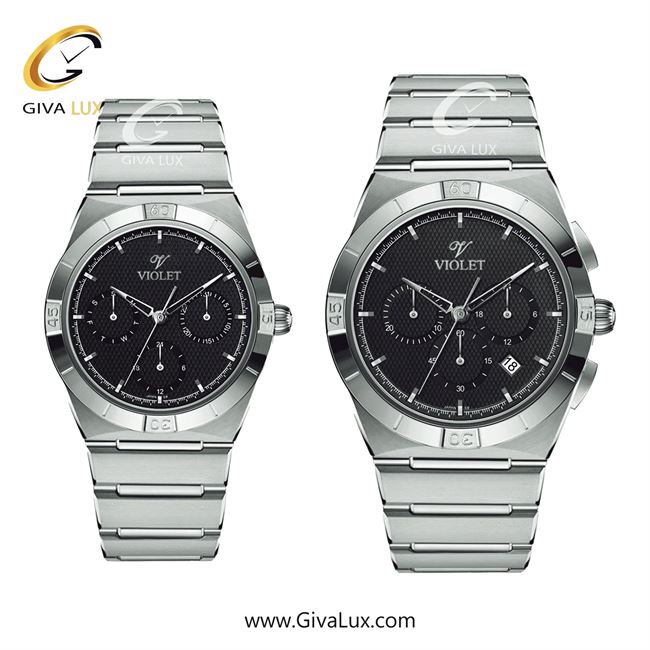 ساعت مچی اورجینال ست ویولت VIOLET سه موتوره کرنوگراف نقره ای | نقره ای| مشکی| کد رفرنس مردانه:0614 زنانه:0614
