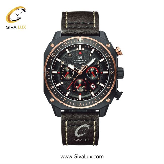 ساعت مچی اورجینال مردانه ناوی فورس|Naviforce|نوی فورس|نیوی فورس سه موتوره کرنوگراف رزگلد | قهوه ای| مشکی| کد رفرنس NF8057 B/RG/D.BN