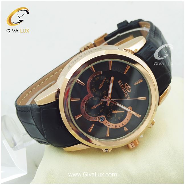 ساعت مچی مردانه بند چرمی مشکی الگانس