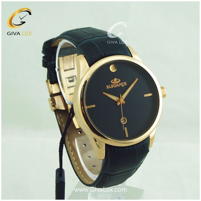 ساعت مچی مردانه بند چرمی سورمه ای با قاب رزگلد مدل الگانس