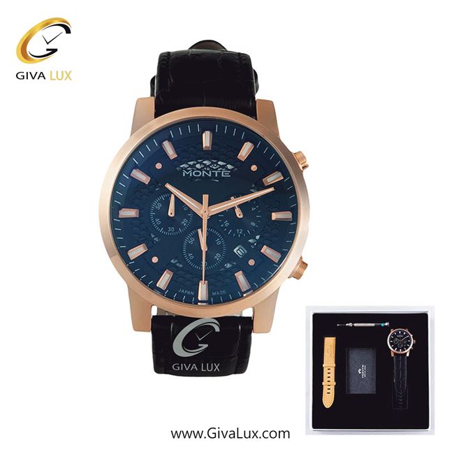 پک کادویی ساعت مچی مردانه بند چرمی مشکی سه موتوره کرنوگراف مونته با بند اضافه  M751340 BLRGL
