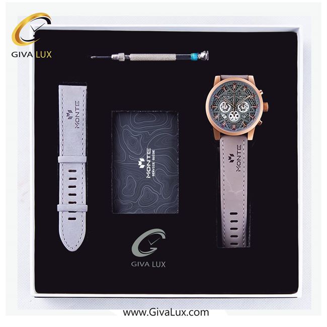 پک کادویی ساعت مچی مردانه سه موتوره کرنوگراف بند چرمی طوسی مونته با بند اضافه  M751340 GRAYRG 56071.jpg