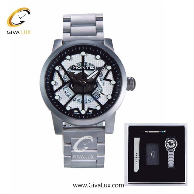 پک کادویی ساعت مچی مردانه بند استیل مونته با بند اضافه چرمی M751340 GRAYWB