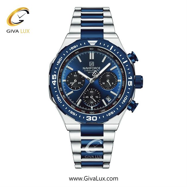 ساعت مچی اورجینال مردانه ناوی فورس|Naviforce|نوی فورس|نیوی فورس سه موتوره کرنوگراف نقره ای | نقره ای-آبی کاربنی| آبی کاربنی| کد رفرنس NF8049 S/BE/S