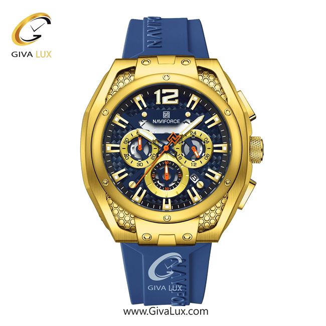 ساعت مچی اورجینال مردانه-اسپرت ناوی فورس|Naviforce|نوی فورس|نیوی فورس سه موتوره کرنوگراف طلایی | آبی| آبی| کد رفرنس NF8063 G/BE/BE
