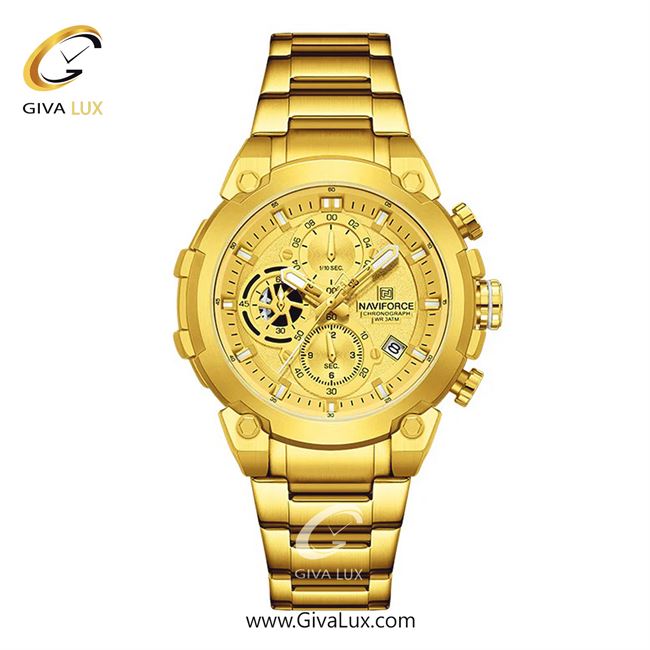 ساعت مچی اورجینال مردانه ناوی فورس|Naviforce|نوی فورس|نیوی فورس سه موتوره کرنوگراف طلایی | طلایی| طلایی| کد رفرنس NF8071 G/G/G