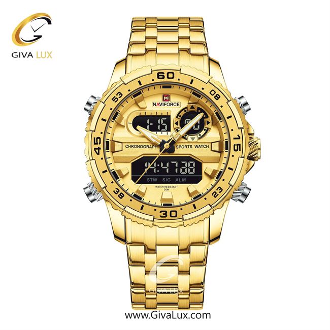 ساعت مچی اورجینال مردانه ناوی فورس|Naviforce|نوی فورس|نیوی فورس دو زمانه طلایی | طلایی| طلایی| کد رفرنس NF9234-G/G/G