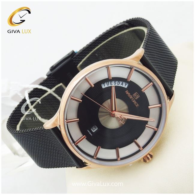 ساعت مچی مردانه بند حصیری فلزی مشکی ناوی فورس مدل NF3007