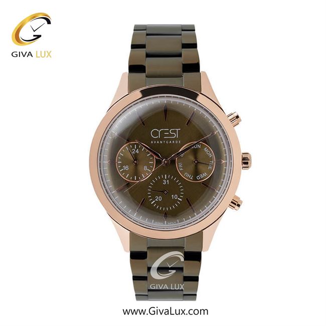 ساعت مچی اورجینال مردانه کرست | Crest سه موتوره فول تایم رزگلد | زیتونی| زیتونی| کد رفرنس Crest 6156-4