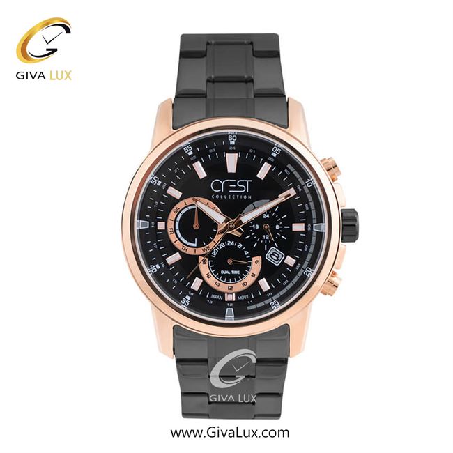 ساعت مچی اورجینال مردانه کرست سه موتوره فول تایم رزگلد | مشکی| مشکی| کد رفرنس Crest 6217-2