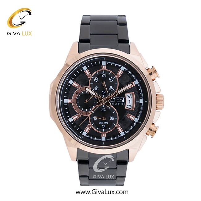 ساعت مچی اورجینال مردانه کرست سه موتوره فول تایم رزگلد | مشکی| مشکی| کد رفرنس Crest 6219-6