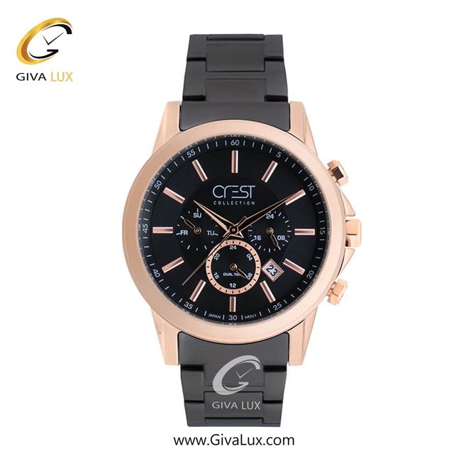 ساعت مچی اورجینال مردانه کرست | Crest سه موتوره فول تایم رزگلد | مشکی| مشکی| کد رفرنس Crest 6231-3