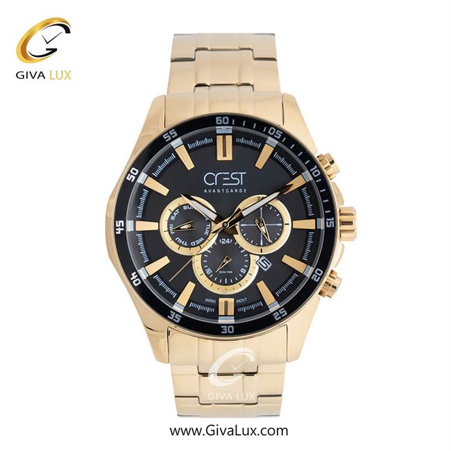 ساعت مچی اورجینال مردانه کرست | Crest سه موتوره فول تایم طلایی | طلایی| مشکی| کد رفرنس Crest 6233-4