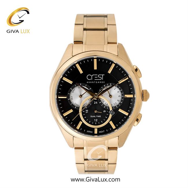 ساعت مچی اورجینال مردانه کرست | Crest سه موتوره فول تایم طلایی | طلایی| مشکی| کد رفرنس Crest 6240-2