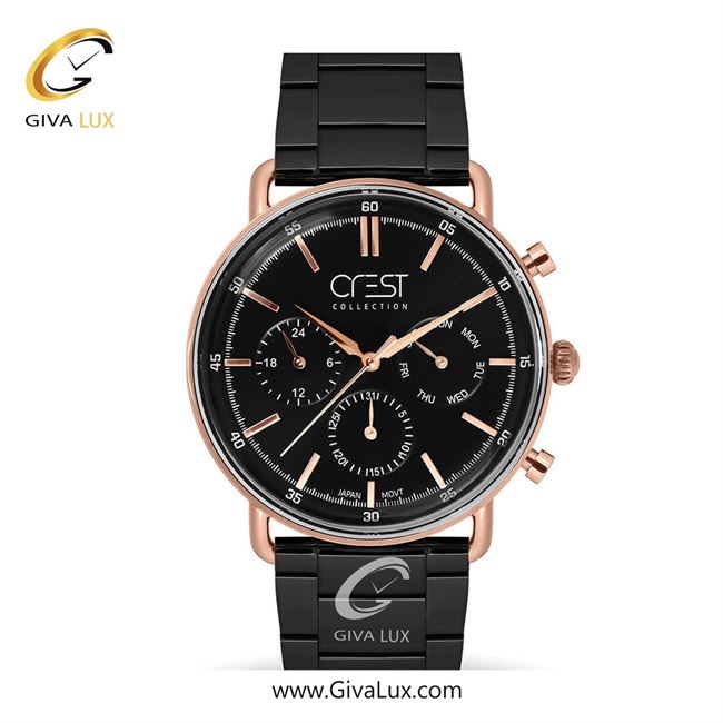 ساعت مچی اورجینال مردانه کرست سه موتوره کرنوگراف رزگلد | مشکی| مشکی| کد رفرنس Crest 6241-3