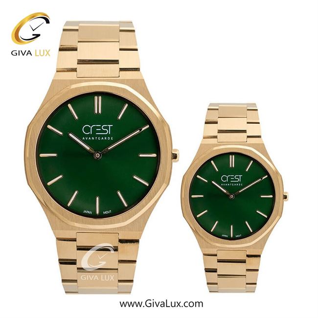 ساعت مچی اورجینال ست کرست طلایی | طلایی| سبز یشمی تیره| کد رفرنس زنانه:Crest 6246-3 مردانه:Crest 6245-3