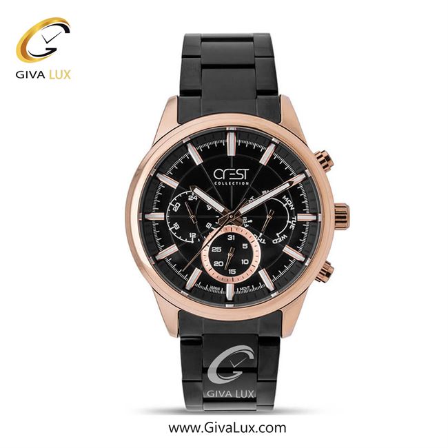 ساعت مچی اورجینال مردانه کرست سه موتوره فول تایم رزگلد | مشکی| مشکی| کد رفرنس Crest 6258-2