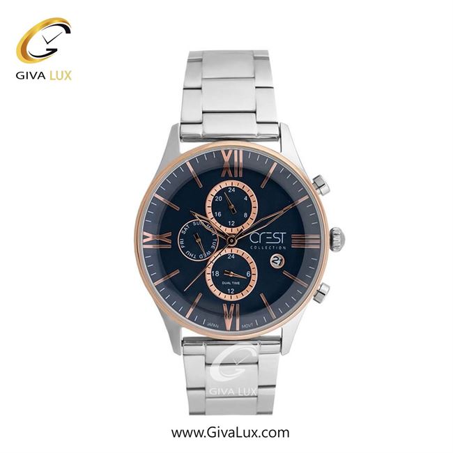 ساعت مچی اورجینال مردانه کرست سه موتوره کرنوگراف رزگلد | نقره ای| سرمه ای| کد رفرنس Crest 6280-2