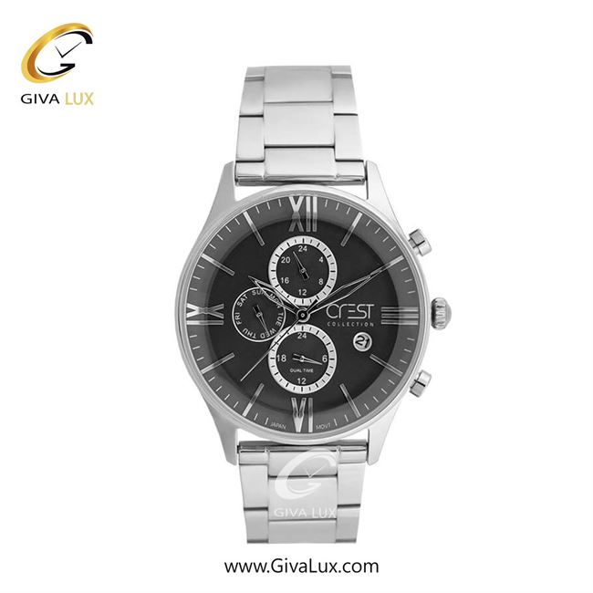 ساعت مچی اورجینال مردانه کرست سه موتوره کرنوگراف نقره ای | نقره ای| مشکی| کد رفرنس Crest 6280-4