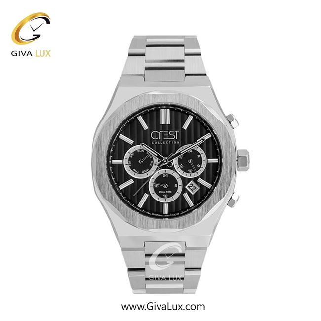 ساعت مچی اورجینال مردانه کرست سه موتوره کرنوگراف نقره ای | نقره ای| مشکی| کد رفرنس Crest 6284-1
