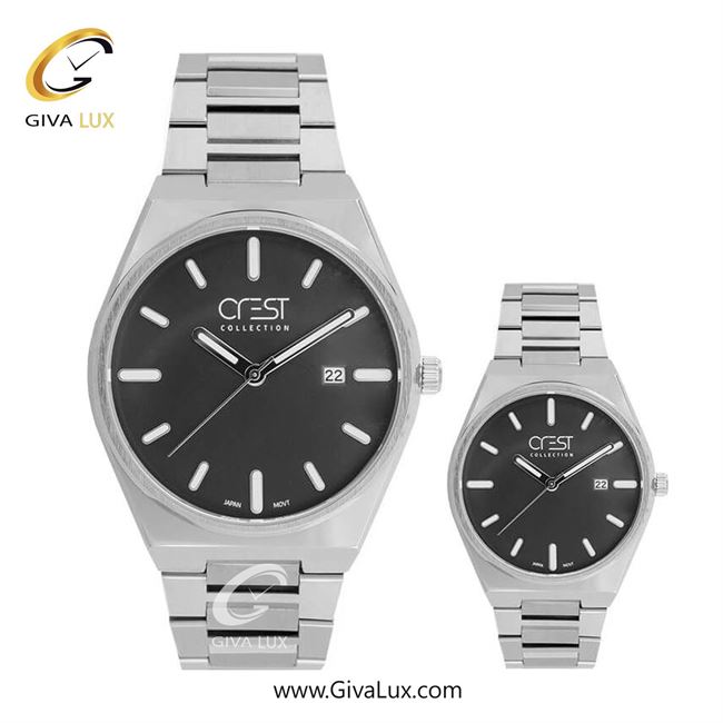 ساعت مچی اورجینال ست کرست نقره ای | نقره ای| مشکی| کد رفرنس زنانه: Crest 6288-5، مردانه: Crest 6287-5