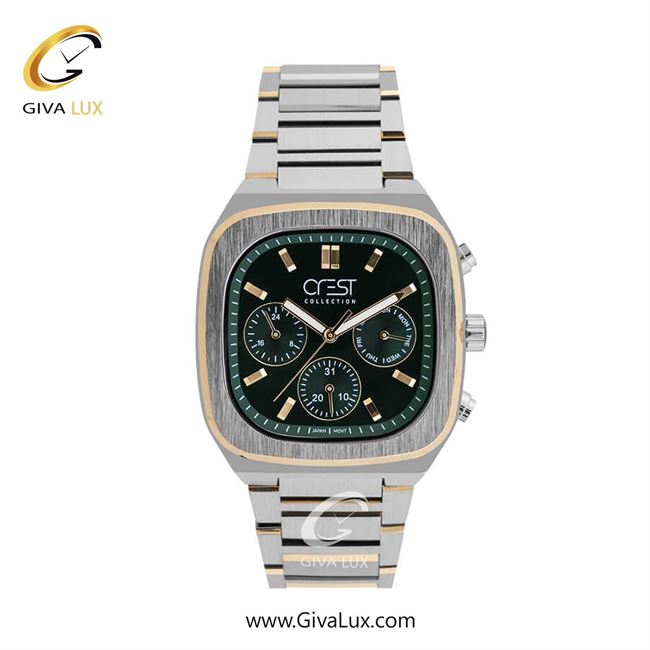 ساعت مچی اورجینال مردانه کرست سه موتوره فول تایم نقره ای-طلایی | نقره ای-طلایی| سبز یشمی تیره| کد رفرنس Crest 6290-2