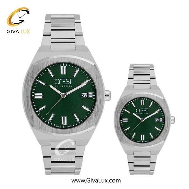 ساعت مچی اورجینال ست کرست نقره ای | نقره ای| سبز یشمی تیره| کد رفرنس زنانه: Crest 6293-1، مردانه: Crest 6292-1