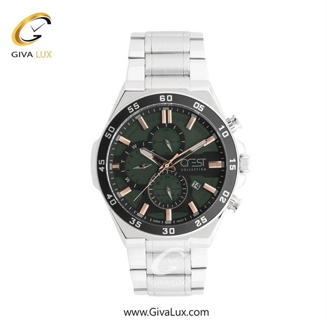 ساعت مچی اورجینال مردانه کرست سه موتوره کرنوگراف نقره ای | نقره ای| سبز یشمی تیره| کد رفرنس Crest 6299-3