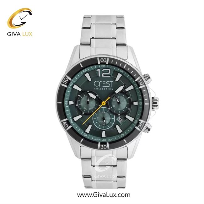 ساعت مچی اورجینال مردانه کرست سه موتوره کرنوگراف نقره ای | نقره ای| سبز یشمی تیره| کد رفرنس Crest 6304-2