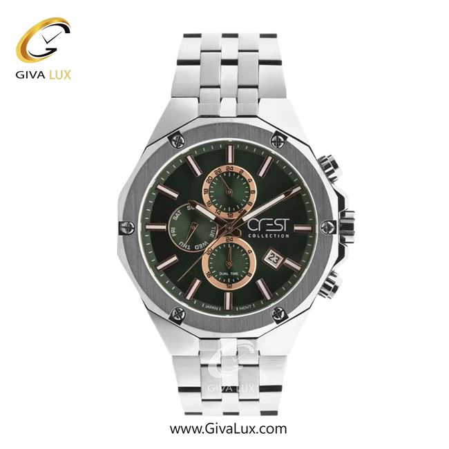 ساعت مچی اورجینال مردانه کرست سه موتوره کرنوگراف نقره ای | نقره ای| سبز یشمی تیره| کد رفرنس Crest 6309-4