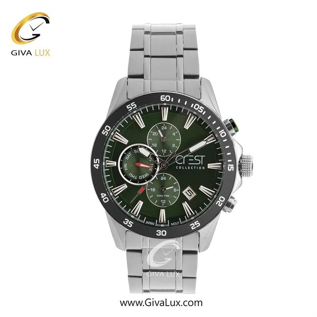 ساعت مچی اورجینال مردانه کرست سه موتوره کرنوگراف نقره ای | نقره ای| سبز یشمی تیره| کد رفرنس Crest 6310-2