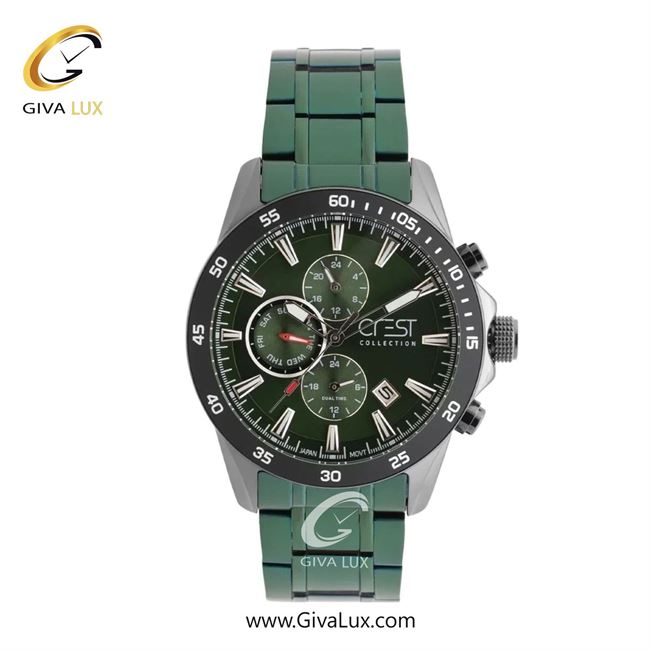 ساعت مچی اورجینال مردانه کرست سه موتوره کرنوگراف نقره ای | سبز| زیتونی| کد رفرنس Crest 6310-4