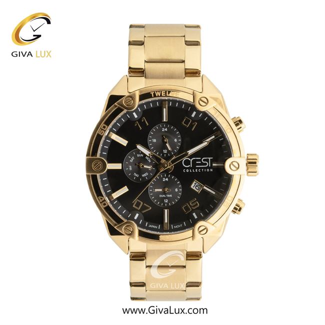 ساعت مچی اورجینال مردانه کرست | Crest سه موتوره فول تایم طلایی | طلایی| مشکی| کد رفرنس Crest 6312-5